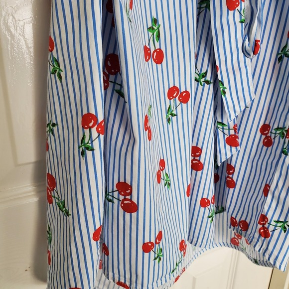 Blue Striped Cherry Print Shirt Dress Button Front Belted Collared Midi Med? - Picture 3 of 6